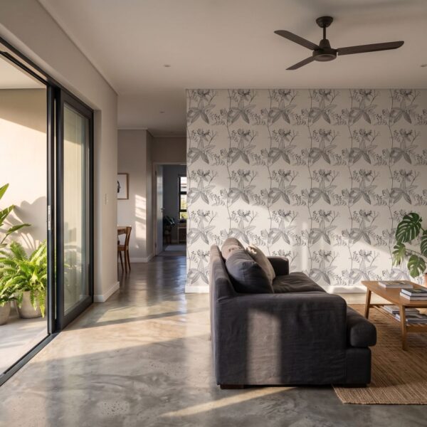 Line Drawn Leaf Wallpaper shown in a living room