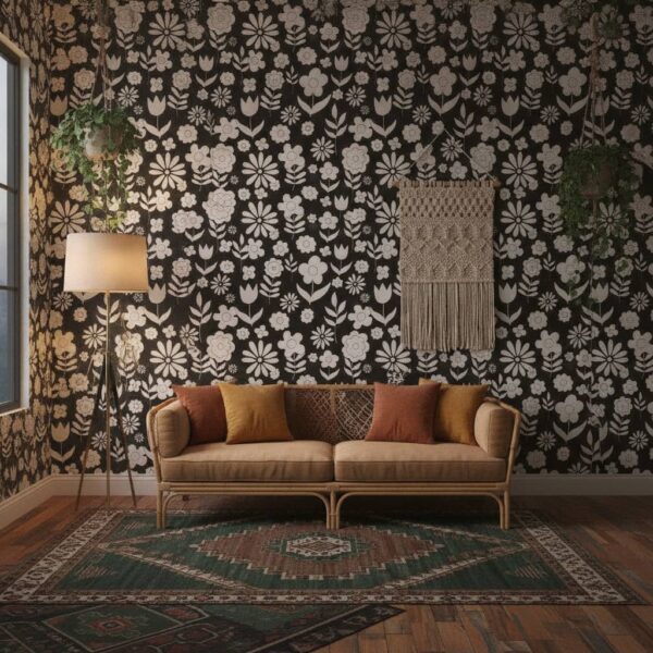 70's Floral - Black & White - Canadian-made Retro Revival wallpaper from Wallpaper Online Canada