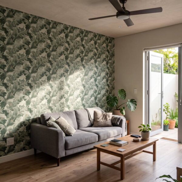 Acanthus Scroll Tonal Sage shown in a living room