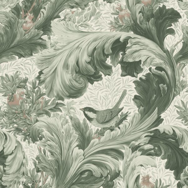 Acanthus Scroll Tonal Sage, bird among acanthus leaves in sage green and cream wallpaper - Wallpaper Online Canada