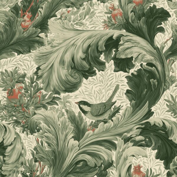 Acanthus Scroll Heritage Green, bird in green cream coral wallpaper - Wallpaper Online Canada