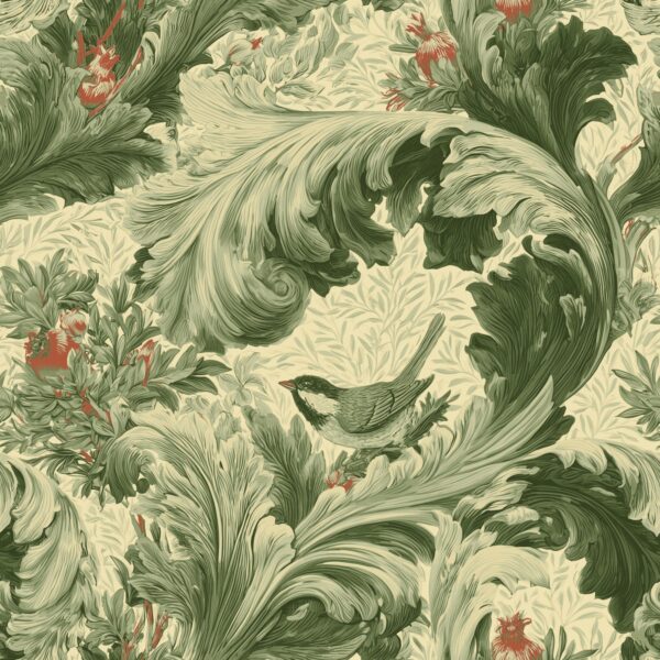 Acanthus Scroll Butter Clay, bird in sage green and clay red wallpaper - Wallpaper Online Canada