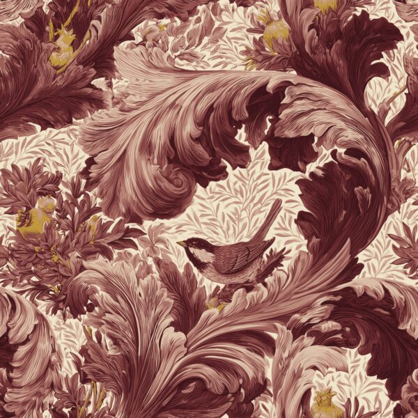 Acanthus Scroll Madder, bird among acanthus scrollwork in maroon, dusty pink and mustard wallpaper - Wallpaper Online Canada
