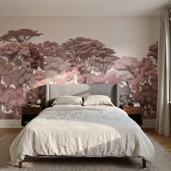 Algonquin Treeline Mural Blush shown in a bedroom