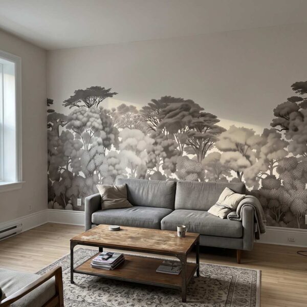 Algonquin Treeline Mural Ivory shown in a living room