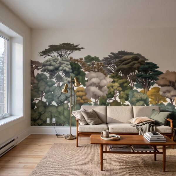 Algonquin Treeline Mural Natural shown in a living room