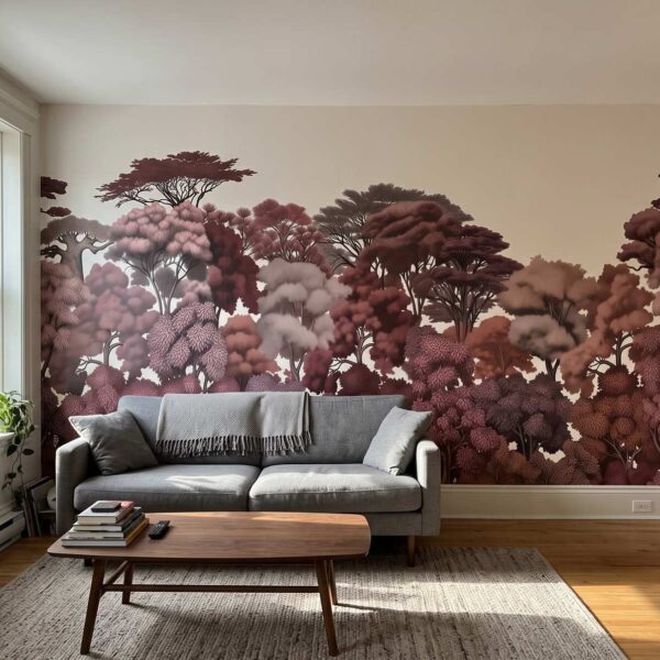 Algonquin Treeline Mural Oxblood shown in a living room