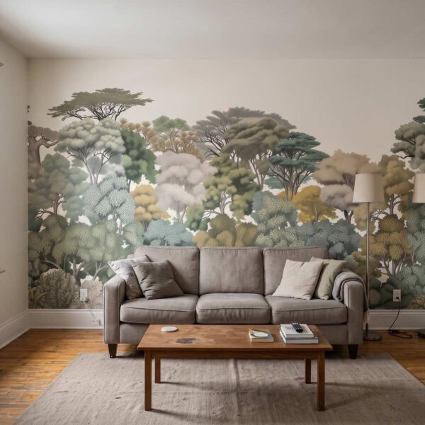 Algonquin Treeline Mural Soft Colour shown in a living room