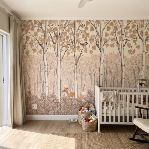 Birch Forest Kids Mural Antique shown in a living room