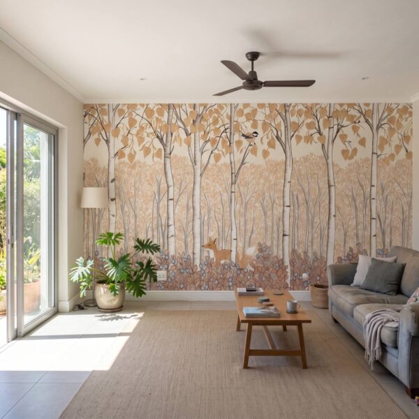 Birch Forest Kids Mural Autumn shown in a living room