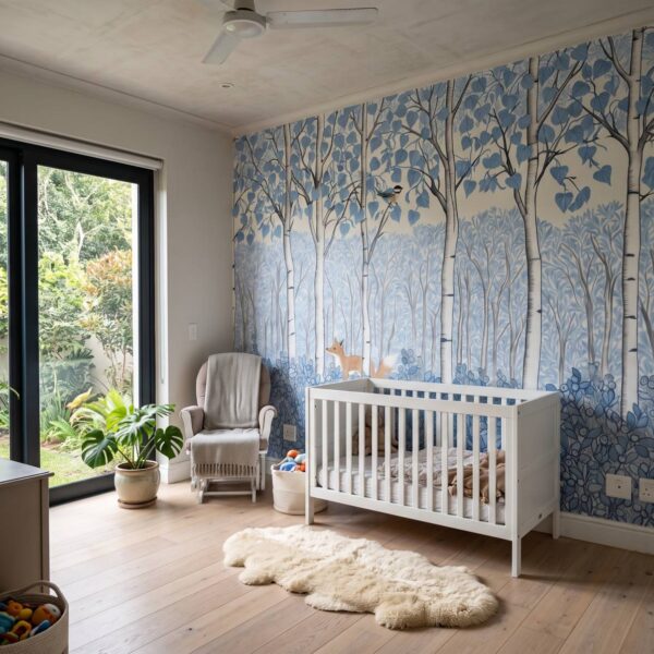 Birch Forest Kids Mural Delft shown in a living room