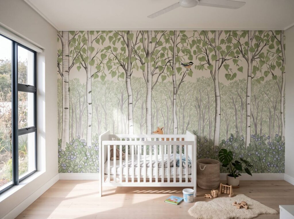 Kids Wallpaper That Grows With Them: Meet the Birch Forest Kids Mural | Peel & Stick Wallpaper Online | Proudly Made in Canada Birch Forest Kids Mural Spring shown in a living room
