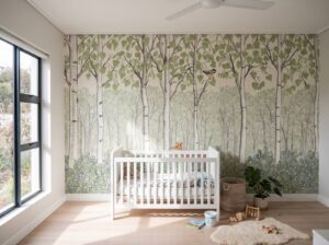 Dillon Warren Wallpaper Expert | Peel & Stick Wallpaper Online | Proudly Made in Canada Birch Forest Kids Mural Spring shown in a living room
