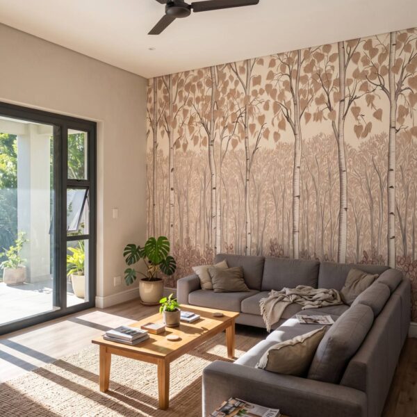 Birchberry Forest Mural Antique shown in a living room
