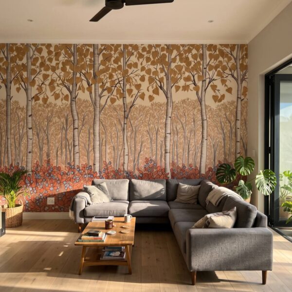 Birchberry Forest Mural Autumn shown in a living room