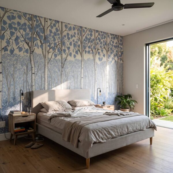 Birchberry Forest Mural Delft shown in a living room