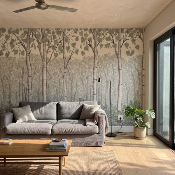 Birchberry Forest Mural Sage shown in a living room