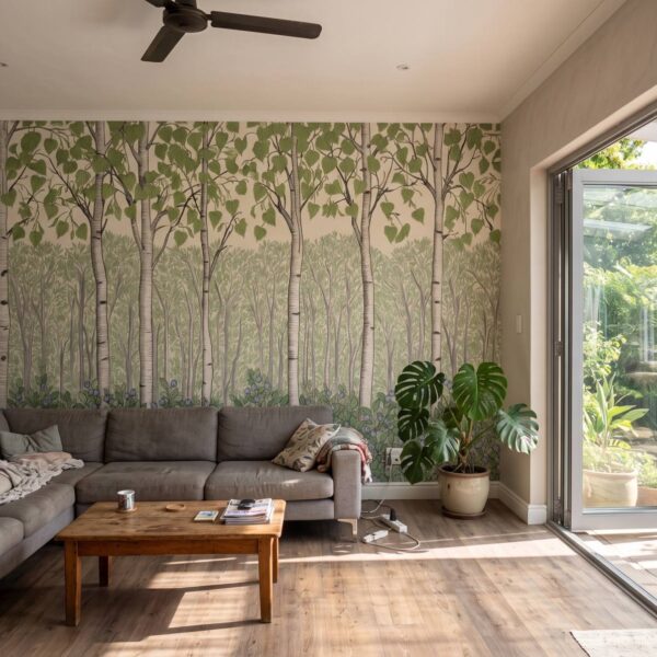 Birchberry Forest Mural Spring shown in a living room