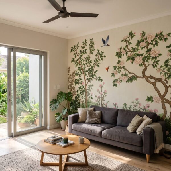 Chinois Flower Wall Mural shown in a living room
