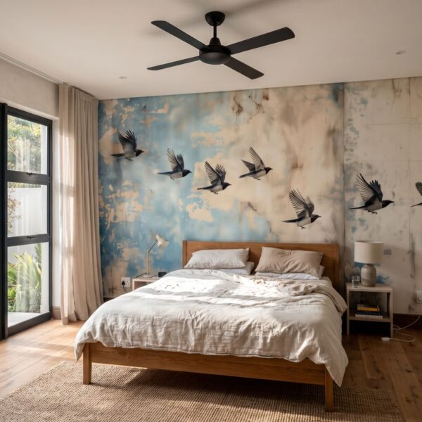 Ethereal Swallow Flight Mural shown in a living room