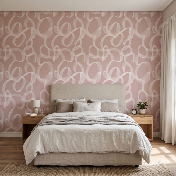 Ether Flow Mural Blush shown in a bedroom