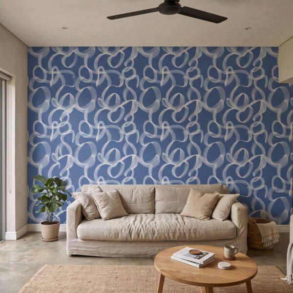 Ether Flow Mural Navy shown in a living room