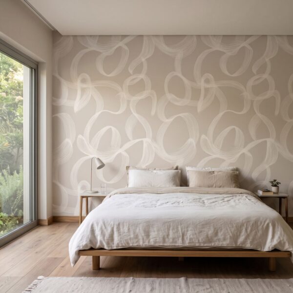 Ether Flow Mural Ivory shown in a bedroom