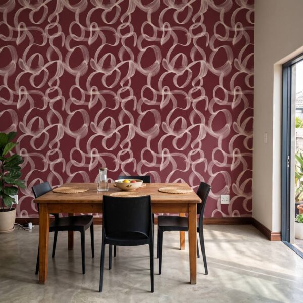 Ether Flow Mural Oxblood shown in a dining room
