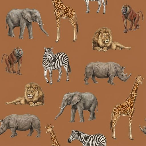 Safari Animal Gathering, safari animals in brown, tan and grey wallpaper - Wallpaper Online Canada