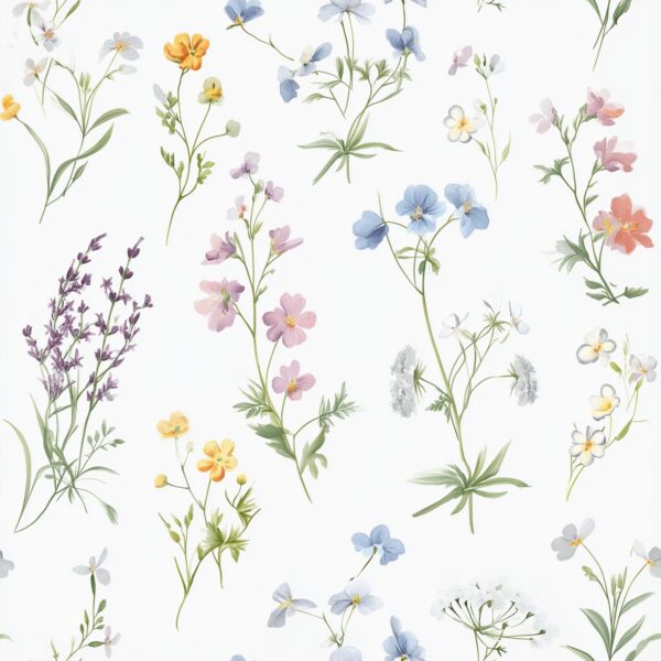 Scattered Meadow Blooms, watercolour wildflowers in blue, pink, yellow and lavender wallpaper - Wallpaper Online Canada