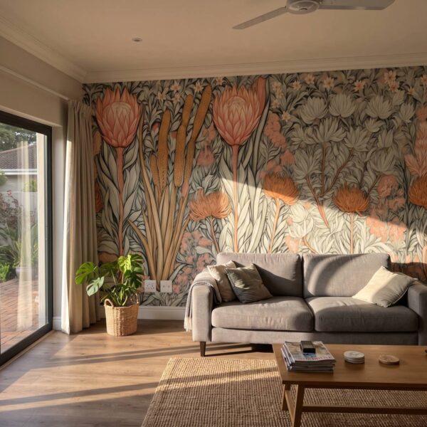 Fynbos Garden Light Mural shown in a living room