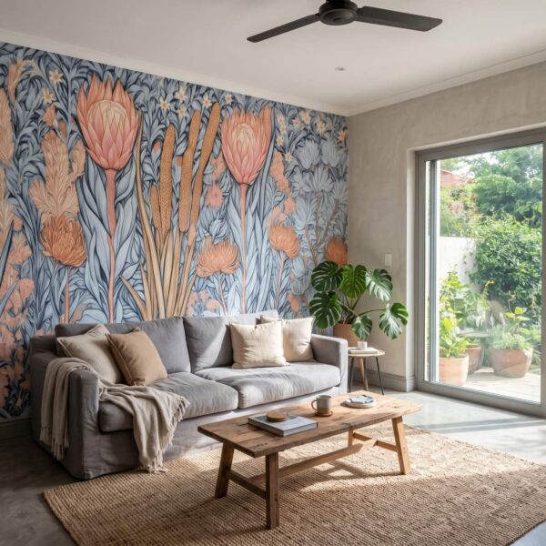 Fynbos Garden Powder Mural shown in a living room