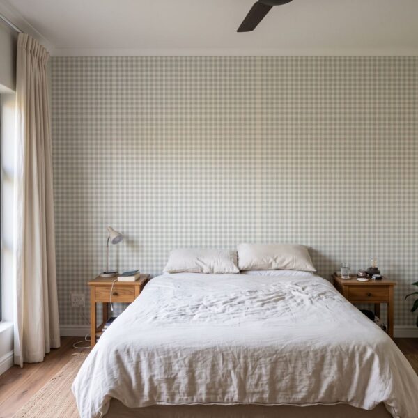 Holly Gingham Misty Blue shown in a bedroom