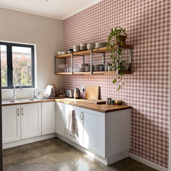 Holly Gingham Oxblood shown in a kitchen