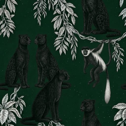 Panthers in the Canopy, panthers and monkey in dark green and black wallpaper - Wallpaper Online Canada