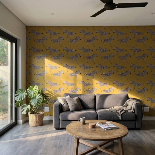 Kala Yellow Wallpaper shown in a living room