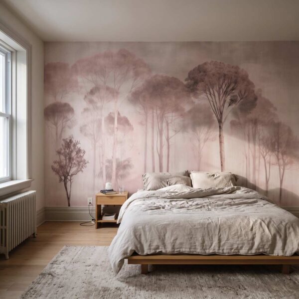 Lookout Hill Trees Mural Blush shown in a bedroom