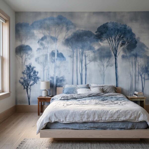 Lookout Hill Trees Mural Delft shown in a bedroom