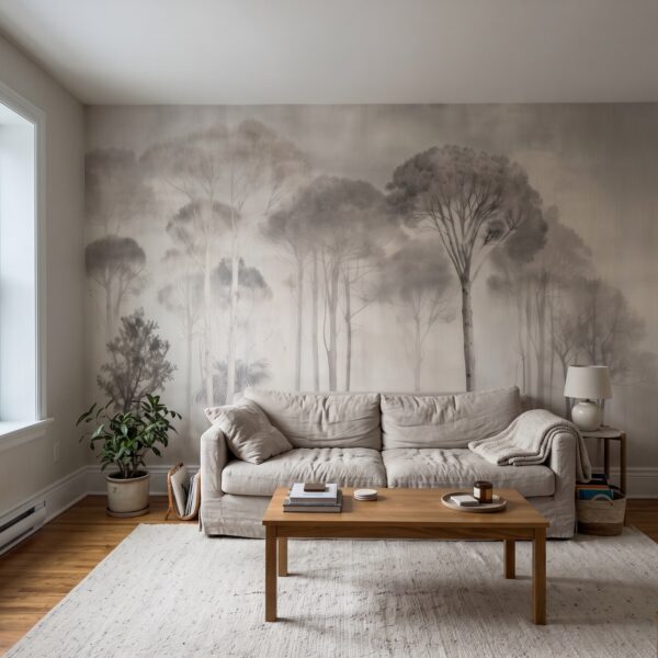 Lookout Hill Trees Mural Ivory shown in a living room