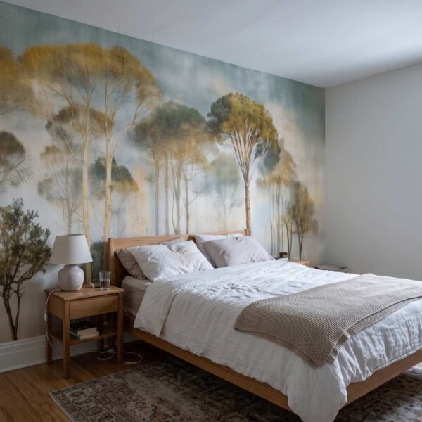 Lookout Hill Trees Mural Natural shown in a bedroom