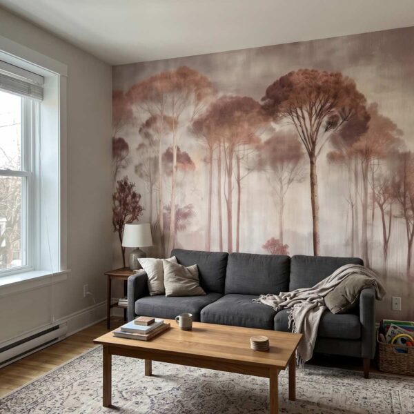 Lookout Hill Trees Mural Oxblood shown in a living room