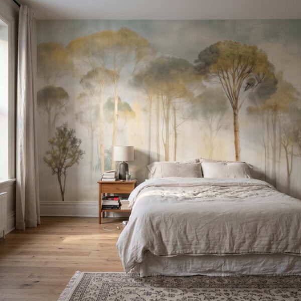 Lookout Hill Trees Mural Soft Colour shown in a bedroom
