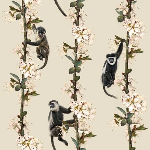 Monkeys In Blossom, monkeys and blossom branches in beige, black and pink wallpaper - Wallpaper Online Canada