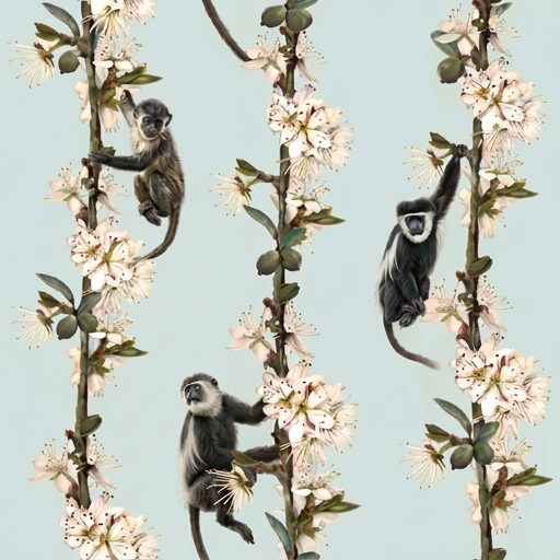 Blossom Branch Monkeys, monkeys on blossom branches in pale blue, white, grey, and blush pink wallpaper - Wallpaper Online Canada