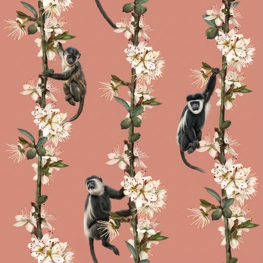 Monkey Blossom Stripe, monkeys and blossom branches in coral pink, white, grey and green wallpaper - Wallpaper Online Canada