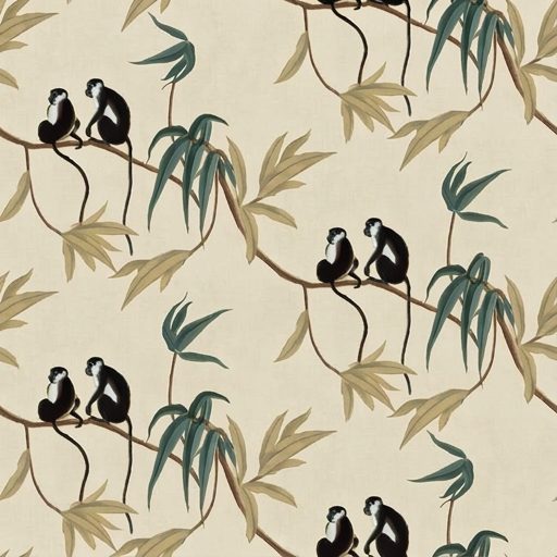 Monkeys In Bamboo, monkeys in bamboo in beige, black and teal wallpaper - Wallpaper Online Canada