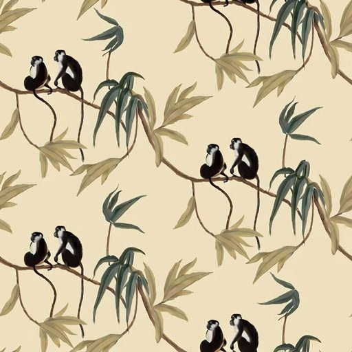 Monkey Bamboo Grove, monkeys in bamboo in cream, sage green and brown wallpaper - Wallpaper Online Canada