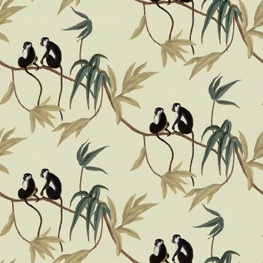 Monkey Bamboo Grove, monkeys and bamboo in cream, black and green wallpaper - Wallpaper Online Canada