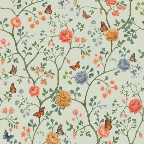 Butterfly Garden Trellis, floral trellis with butterflies in coral, green and gold wallpaper - Wallpaper Online Canada