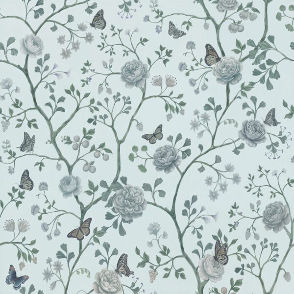 Orchard Blossom Trellis, floral trellis with butterflies in duck egg blue, sage green and grey wallpaper - Wallpaper Online Canada